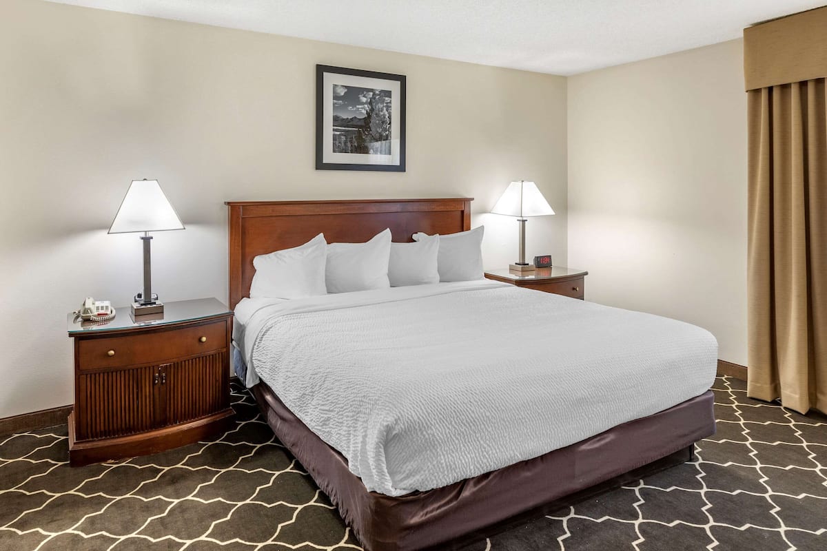 Room, 1 King Bed, Non Smoking, Jetted Tub | Desk, laptop workspace, iron/ironing board, free cots/infant beds