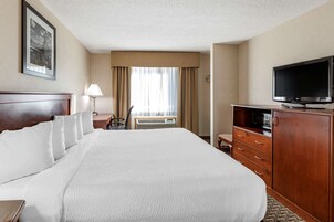 Una habitación de hotel con una cama grande, televisor, escritorio y silla.