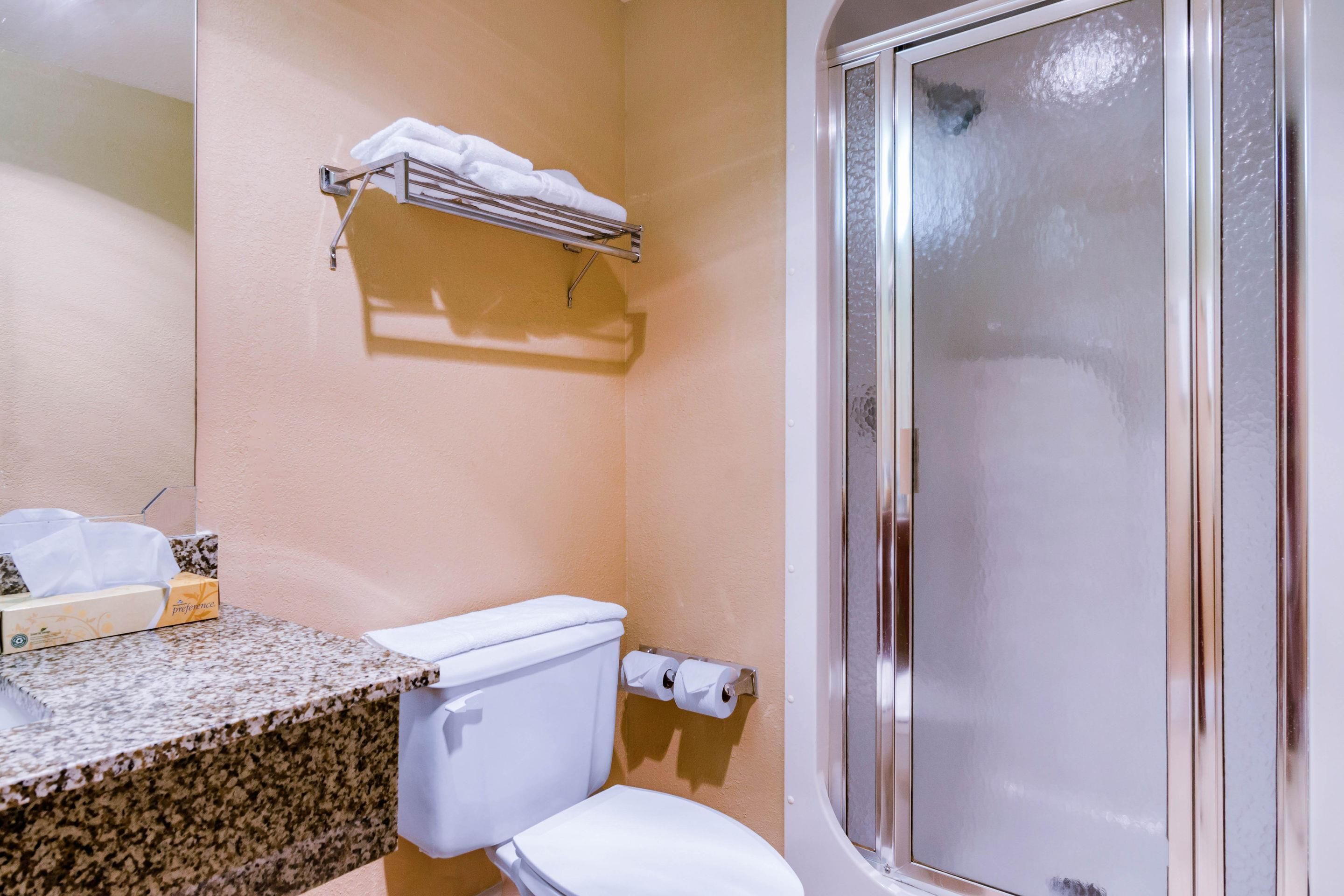 Une salle de bain équipée de toilettes, d’un porte-serviettes et d’un espace douche.