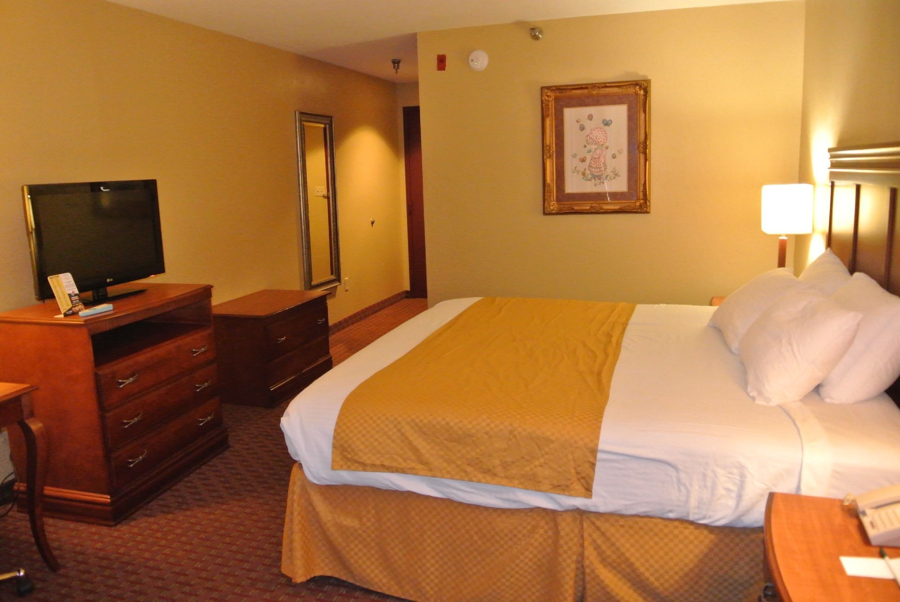 A hotel room with a bed, a TV, a dresser, and a framed picture on the wall.