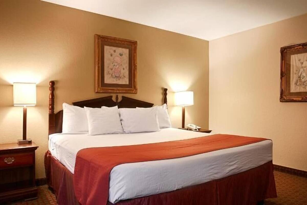 Una habitación de hotel con una cama, dos mesitas de noche y dos lámparas de pared.