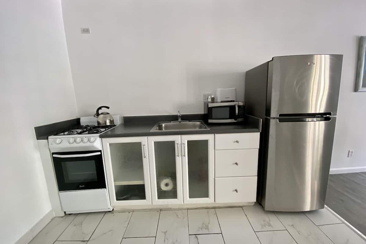 fridge, microwave, coffee/tea maker, paper towels