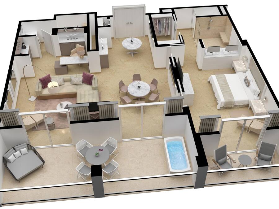 Un aménagement moderne pour une chambre d’hôtel, comprenant un espace de vie, un coin repas, une salle de bain et un balcon.