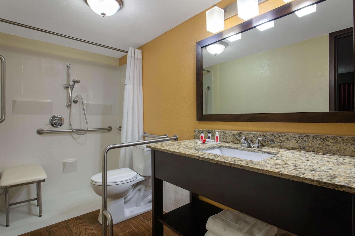 room, 1 king bed, accessible, non smoking | bathroom | combined shower/bathtub, designer toiletries, hair dryer, towels