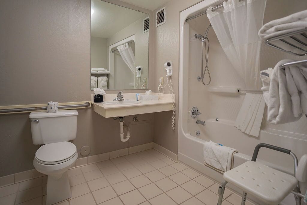 A bathroom with a toilet, sink, shower, and a wheelchair-accessible bench.