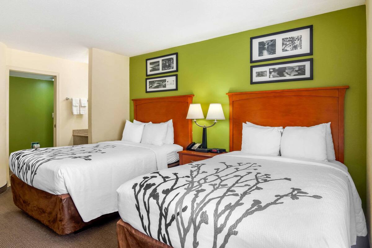 A hotel room with two beds, a green accent wall, framed pictures, and a nightstand with lamps.