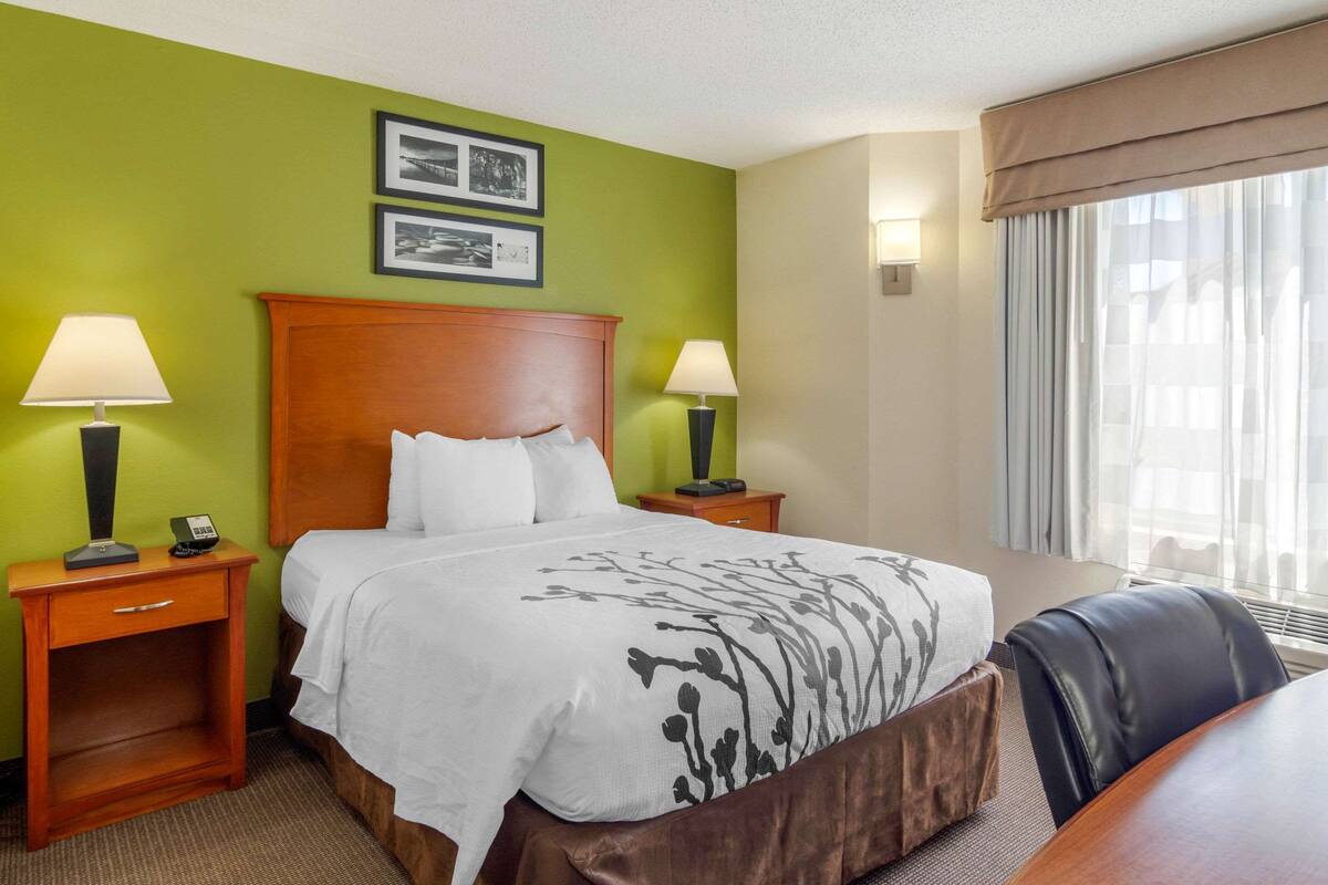 A hotel room with a large bed, two bedside tables with lamps, a wooden headboard, and a window with curtains.