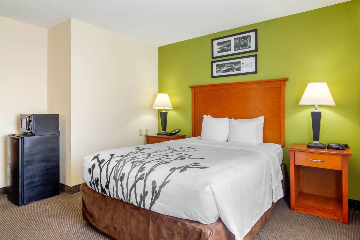 A hotel room with a bed, two bedside tables with lamps, a small refrigerator, and a wall with two framed pictures.