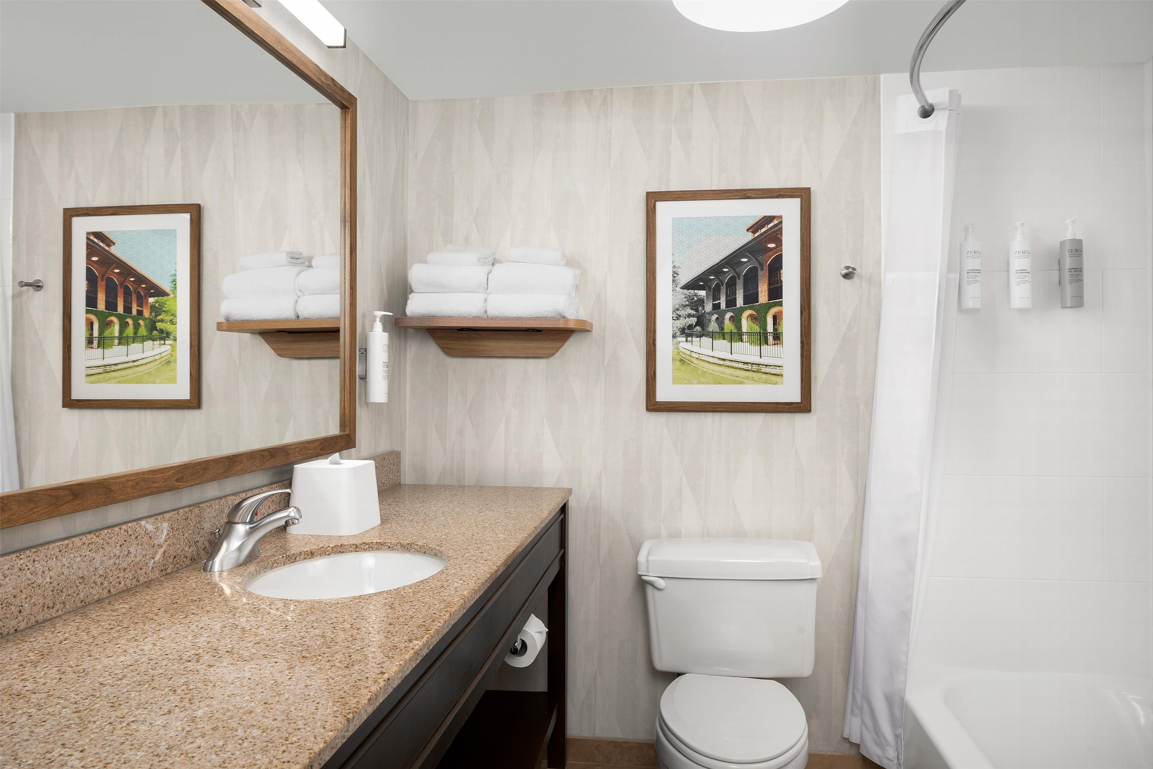 combined shower/bathtub, free toiletries, hair dryer, towels