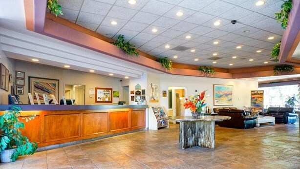 A spacious lobby with a reception desk, seating area, and decorative plants.