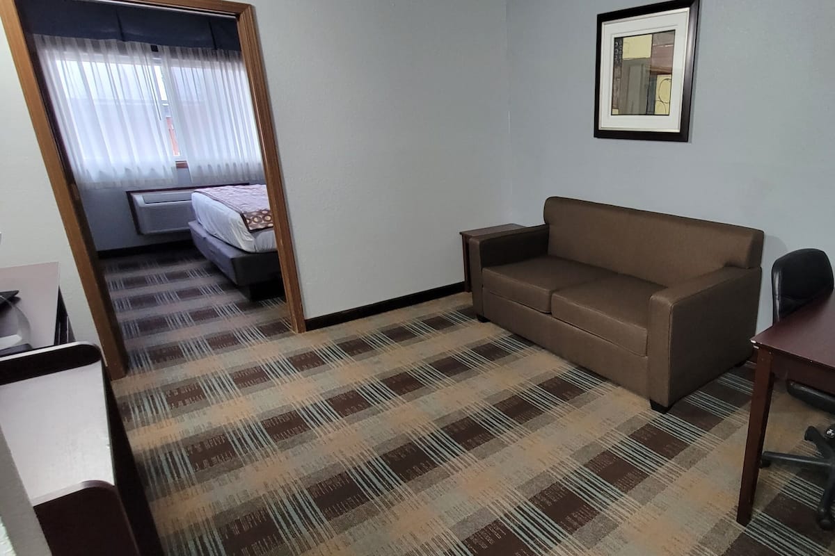 A hotel room with a bed, a sofa, a desk, and a lamp.