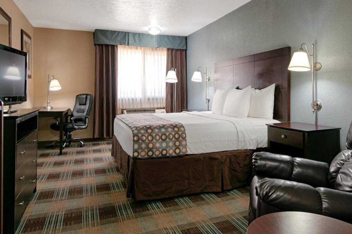 A hotel room with a bed, a desk with a TV, a chair, a couch, and a lamp.