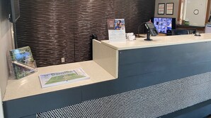 Een receptiegedeelte met een donkere, getextureerde muur, een receptiebalie, een monitor en informatiemap.