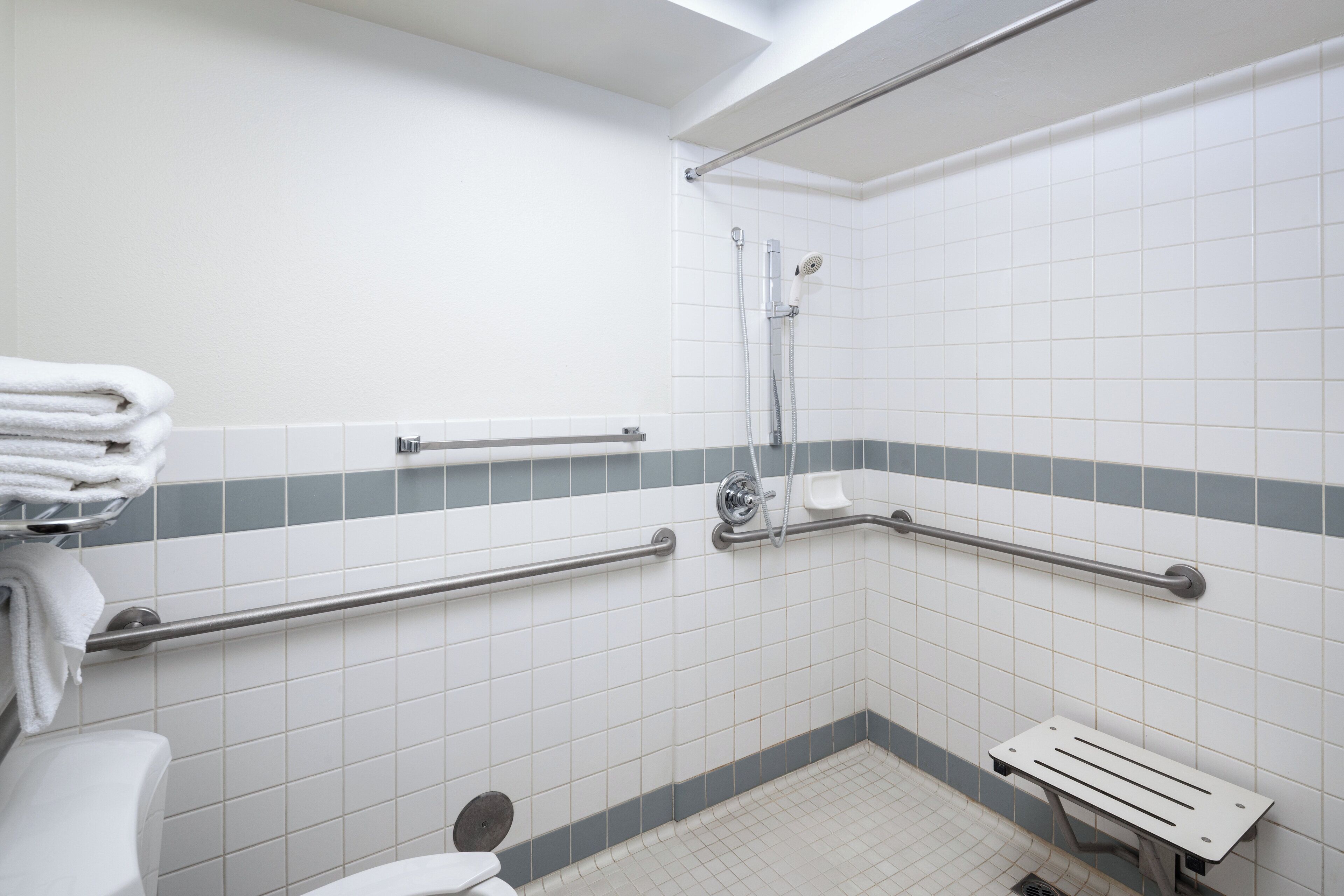 A bathroom with white tiles, a shower area, grab bars, and a toilet.