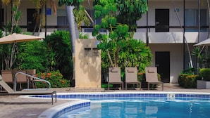 A swimming pool with lounge chairs and umbrellas, surrounded by greenery and a building with multiple windows. - Hotel El Dorado (Los Mochis)