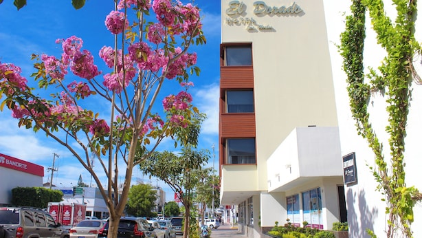 A hotel with a modern facade, a visible entrance, and a parking area with several cars. - Hotel El Dorado (Los Mochis)