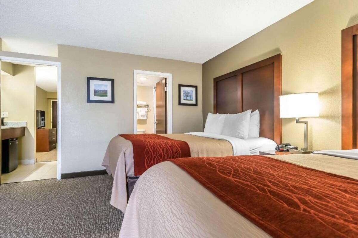 A hotel room with two beds, a desk, a lamp, and a bathroom visible through an open door.