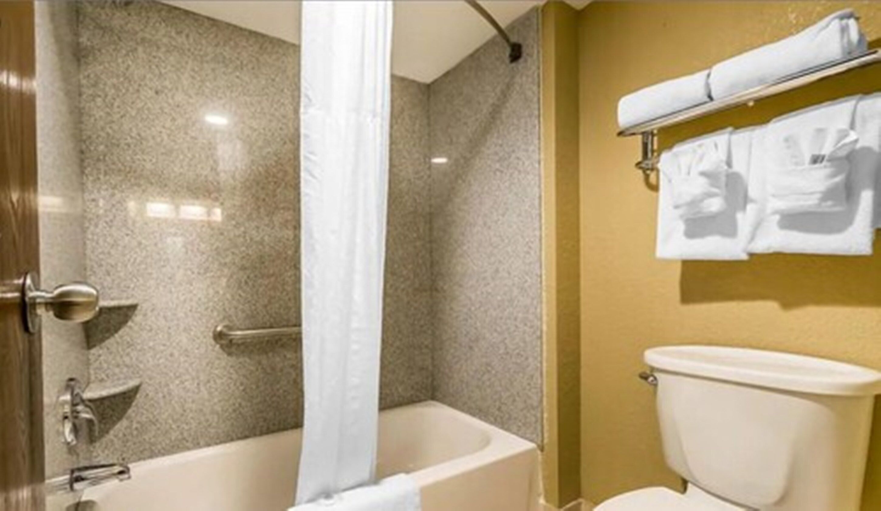 Un bagno con vasca, WC e tenda da doccia.