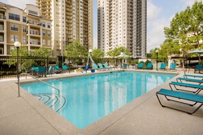 Seasonal outdoor pool, pool umbrellas, sun loungers