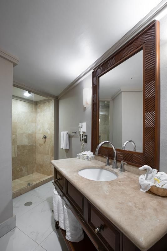 A bathroom with a double sink, a large mirror, and a shower area.