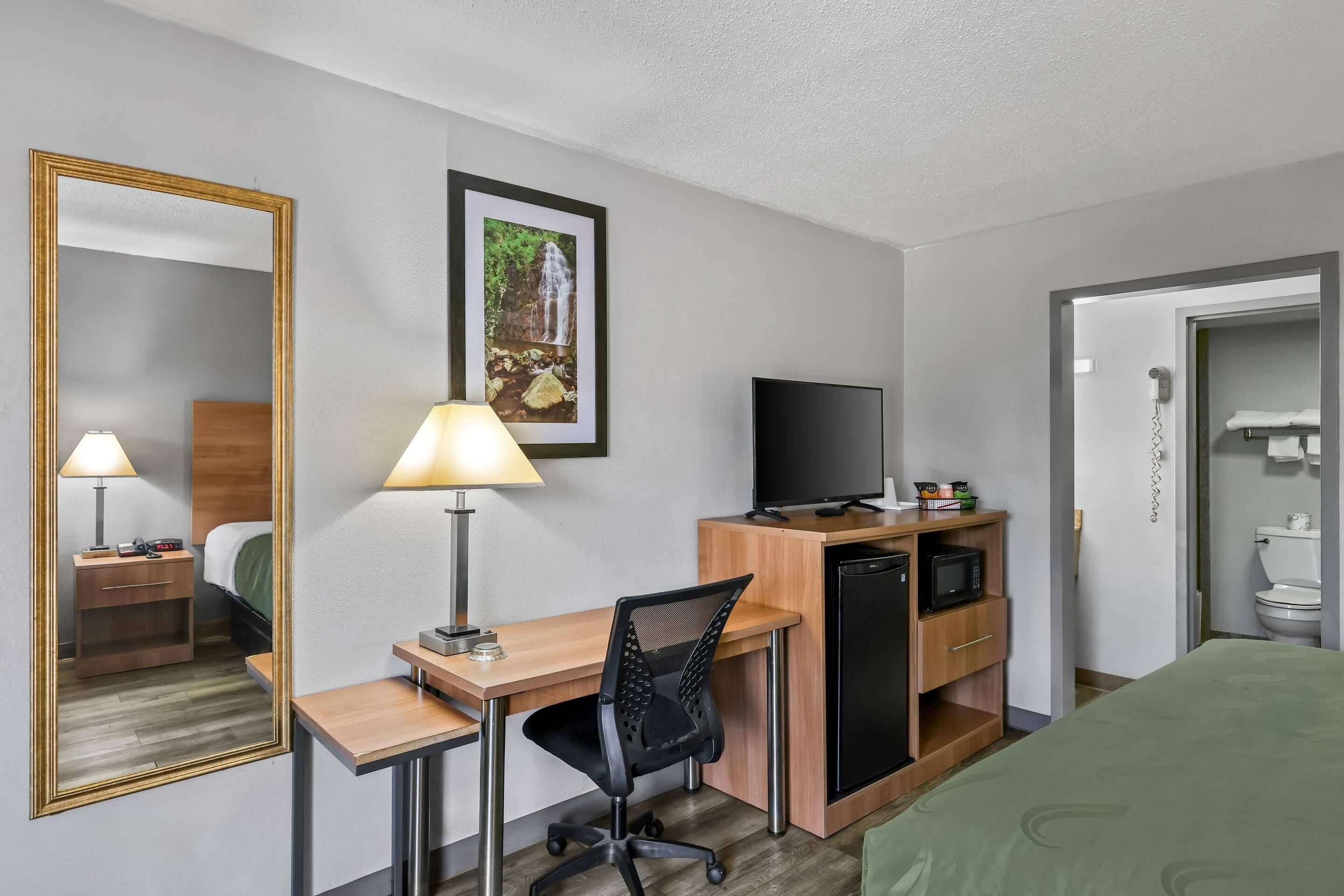 Una habitación de hotel con un escritorio de madera, una silla, un televisor, un microondas y una cama.
