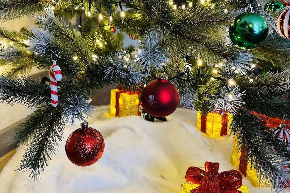 A Christmas tree with ornaments, lights, and wrapped gifts.