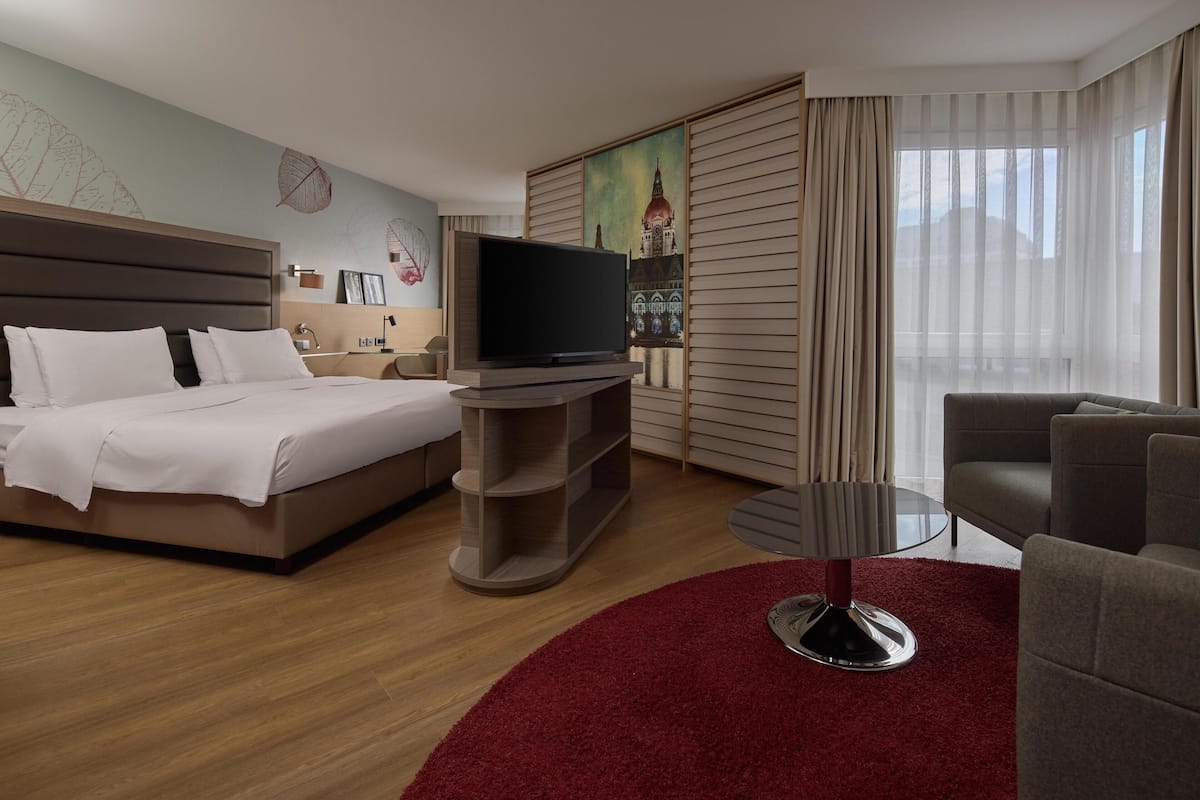 A hotel room with a bed, a TV on a stand, a red rug, and a view of a building through sheer curtains.