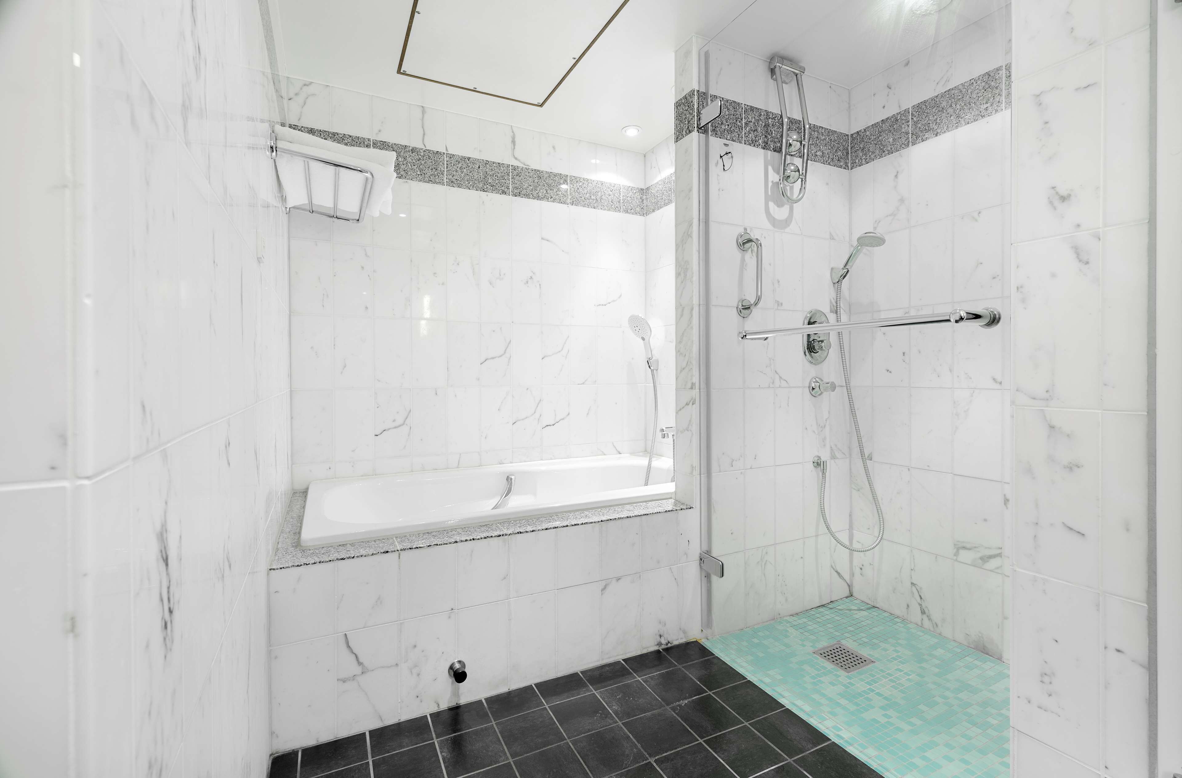 combined shower/bathtub, hair dryer, towels