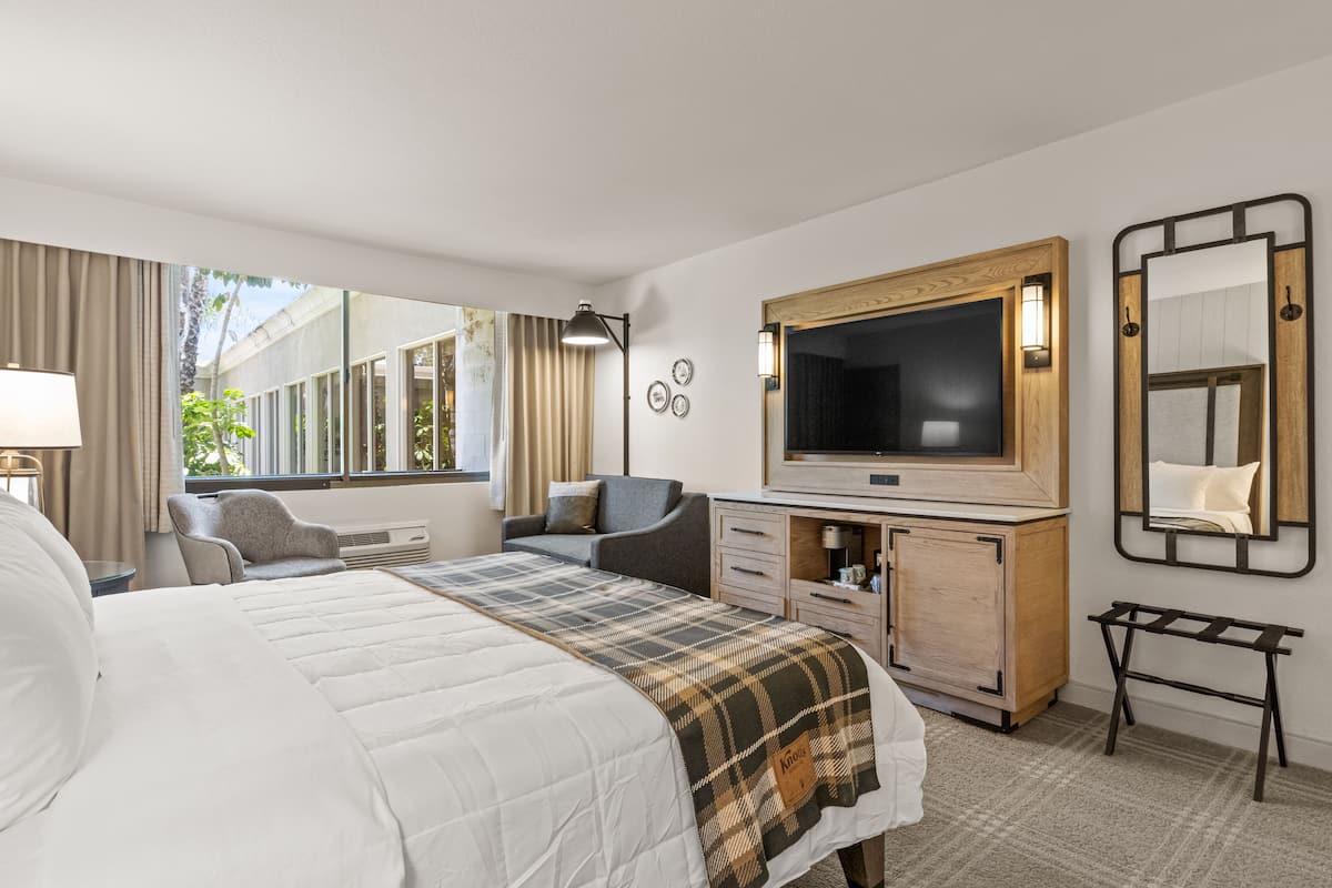 A hotel room with a large bed, a TV, a desk, and a window with curtains.