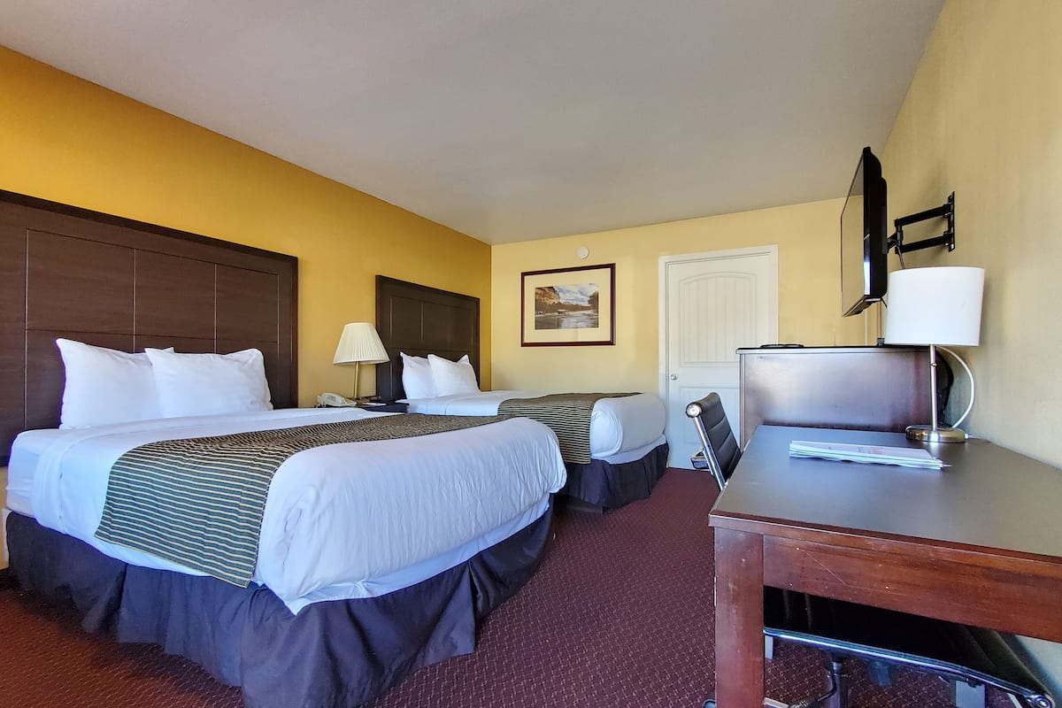 Ein Hotelzimmer mit zwei Betten, einem Schreibtisch mit Computer, einer Lampe und einer Tür.