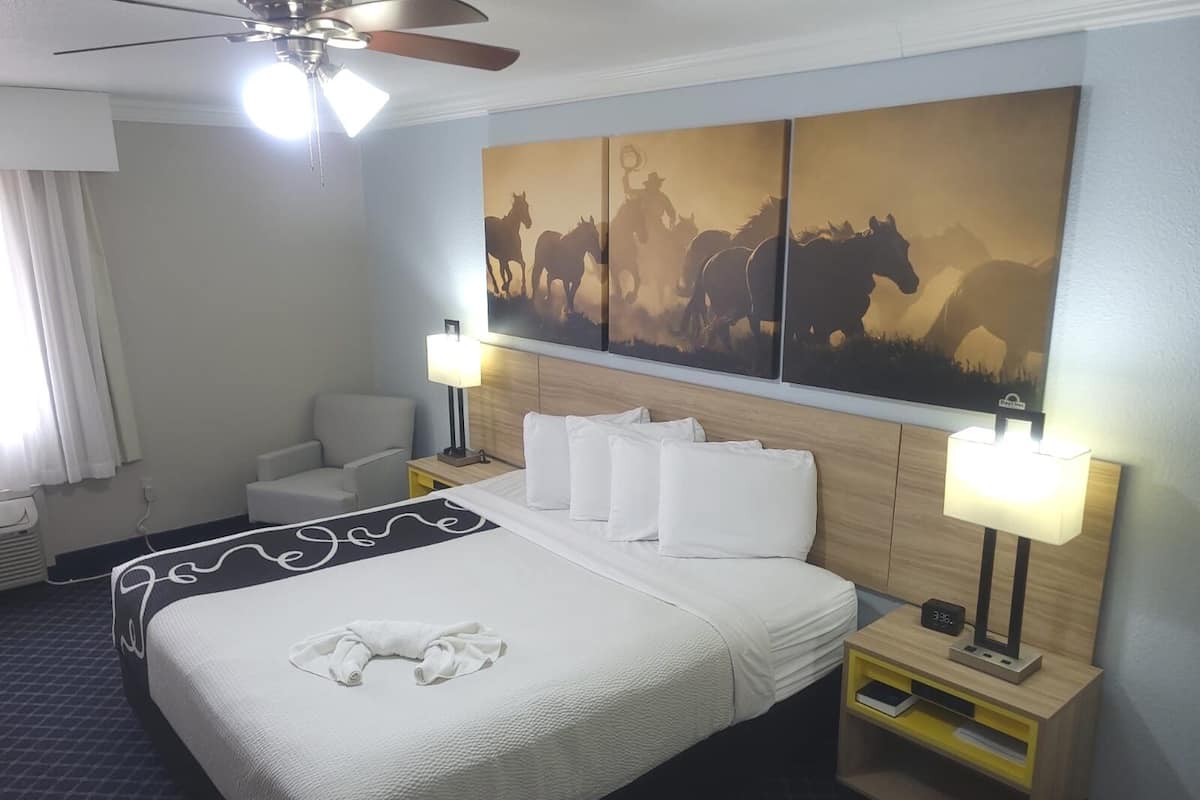 Habitación de hotel con una cama grande, dos mesitas de noche, una silla, un ventilador de techo y un cuadro colgado en la pared con caballos.
