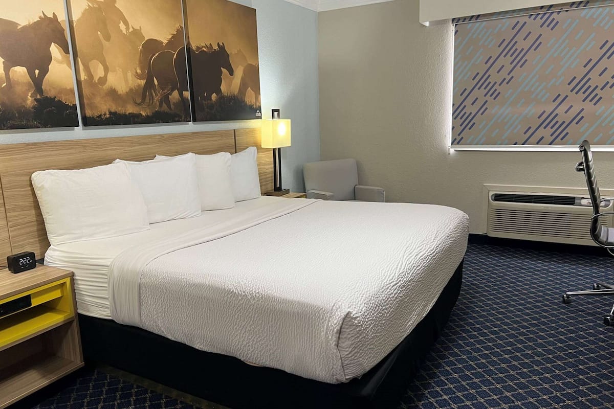Habitación de hotel con una cama grande, una mesita de noche, una lámpara, una silla, una ventana con persianas y un aire acondicionado de pared.