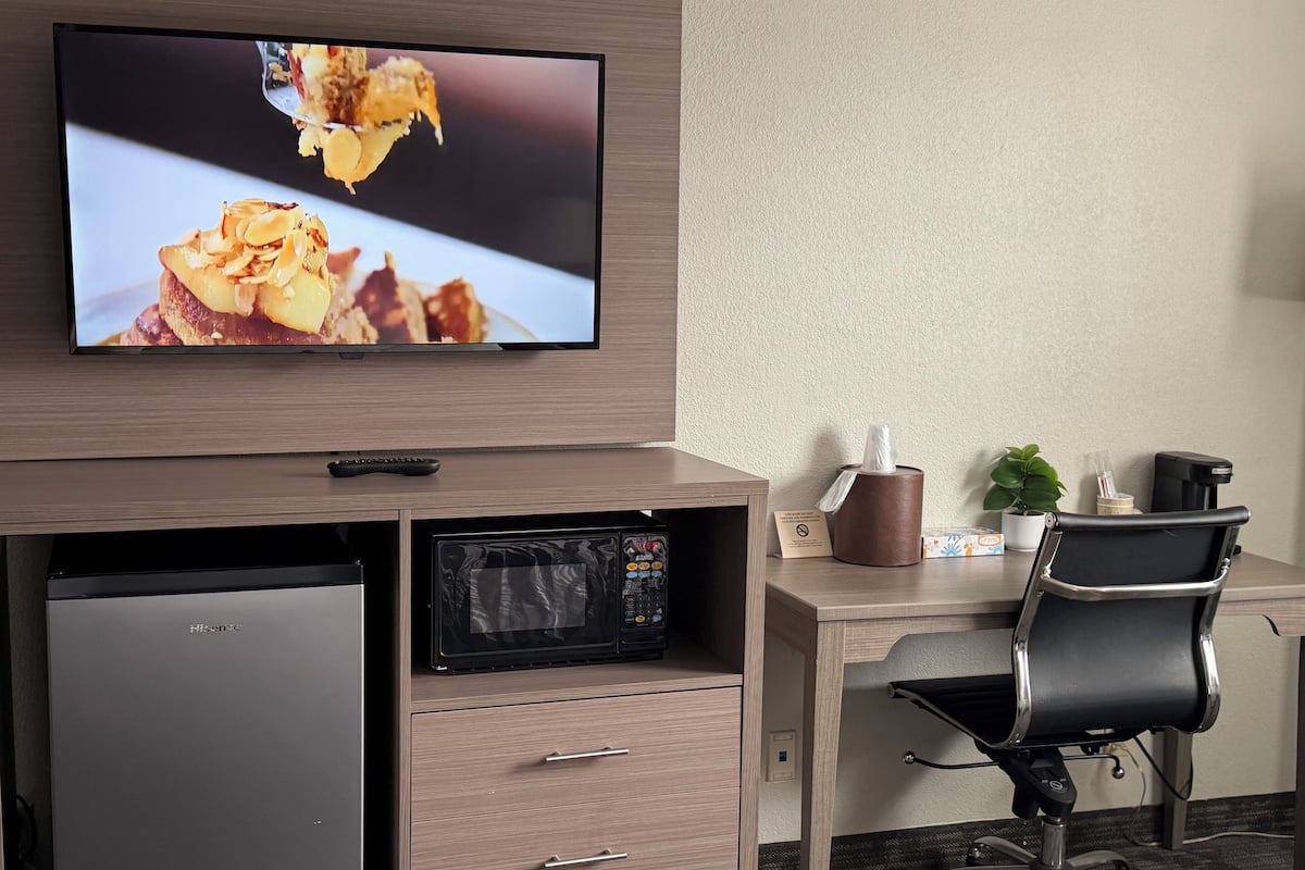 Habitación de hotel con televisión, mini refrigerador, microondas, escritorio y silla, cafetera y planta en maceta.