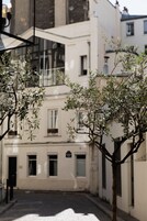 A narrow street with a tree in the foreground and a building with windows and shutters in the background.