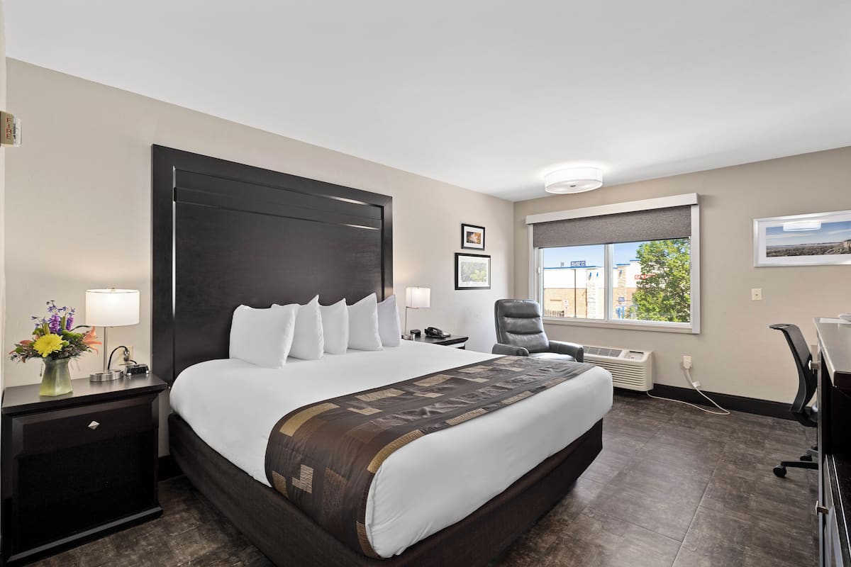 A hotel room with a large bed, a desk, a chair, a nightstand, a lamp, a picture frame, and a window with a view.
