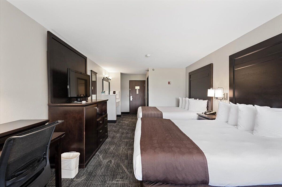 A hotel room with a large bed, a desk with a computer, a TV, and a dresser.
