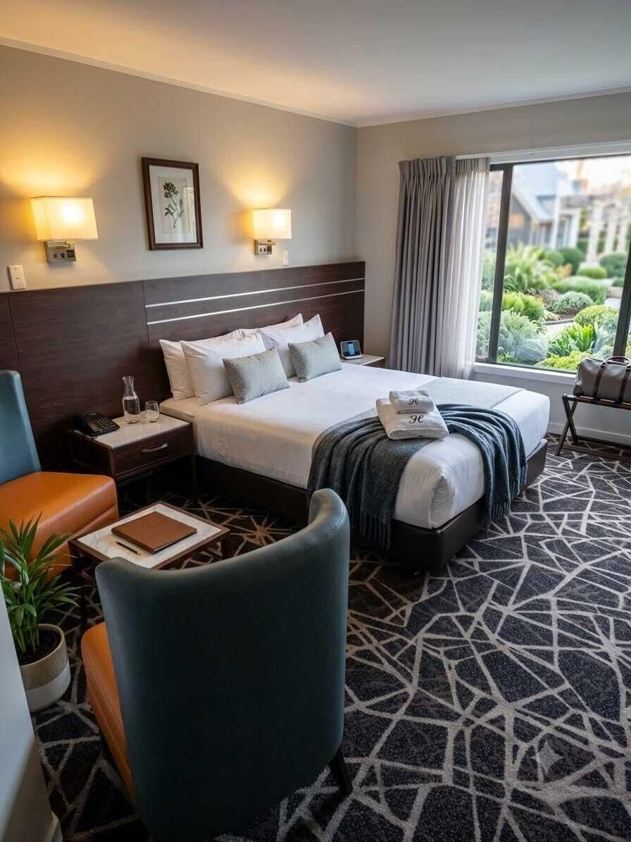 Premium bedding, pillowtop beds, desk, laptop workspace