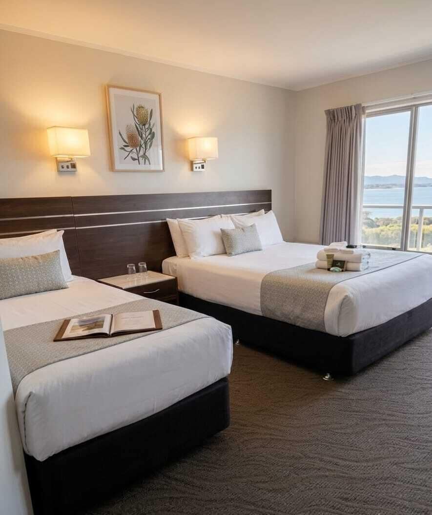 Premium bedding, pillowtop beds, desk, laptop workspace