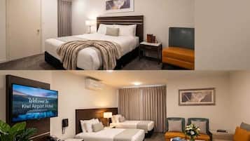 Premium bedding, pillowtop beds, desk, laptop workspace