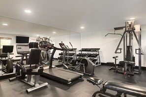 Une salle de sport équipée de machines de cardio, de matériel de musculation et d’haltères.