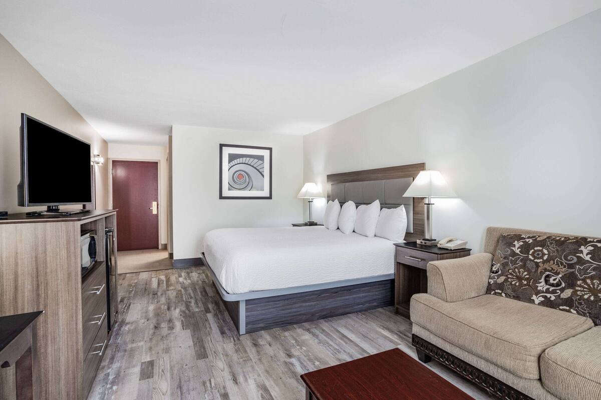 Una habitación de hotel con una cama, un sofá, un televisor, un escritorio y una lámpara.
