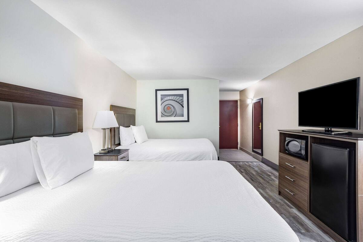 Habitación de hotel con dos camas, un televisor, un microondas y un cuadro enmarcado en la pared.