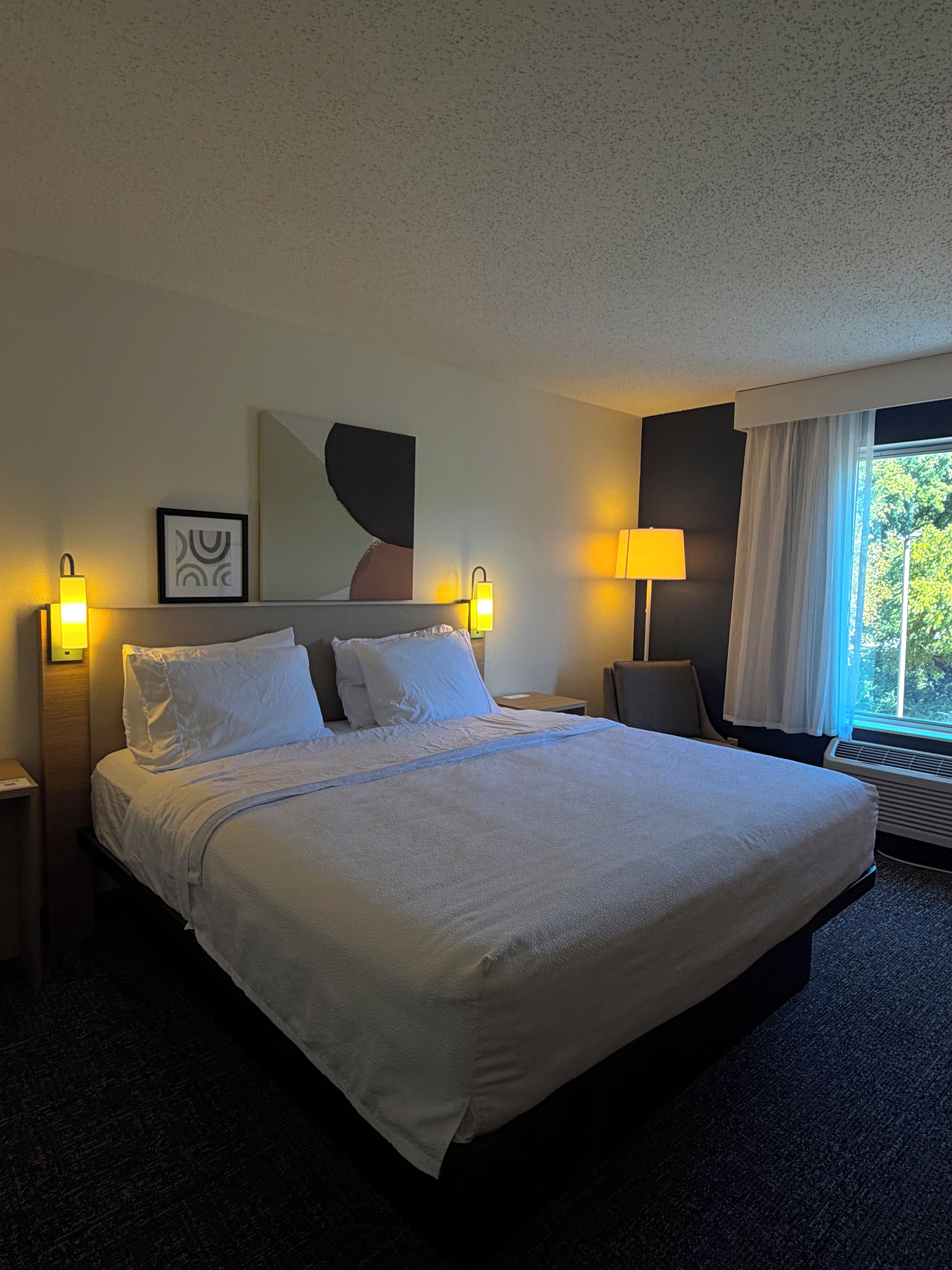 A hotel room with a large bed, two bedside lamps, a framed artwork, and a window with curtains.