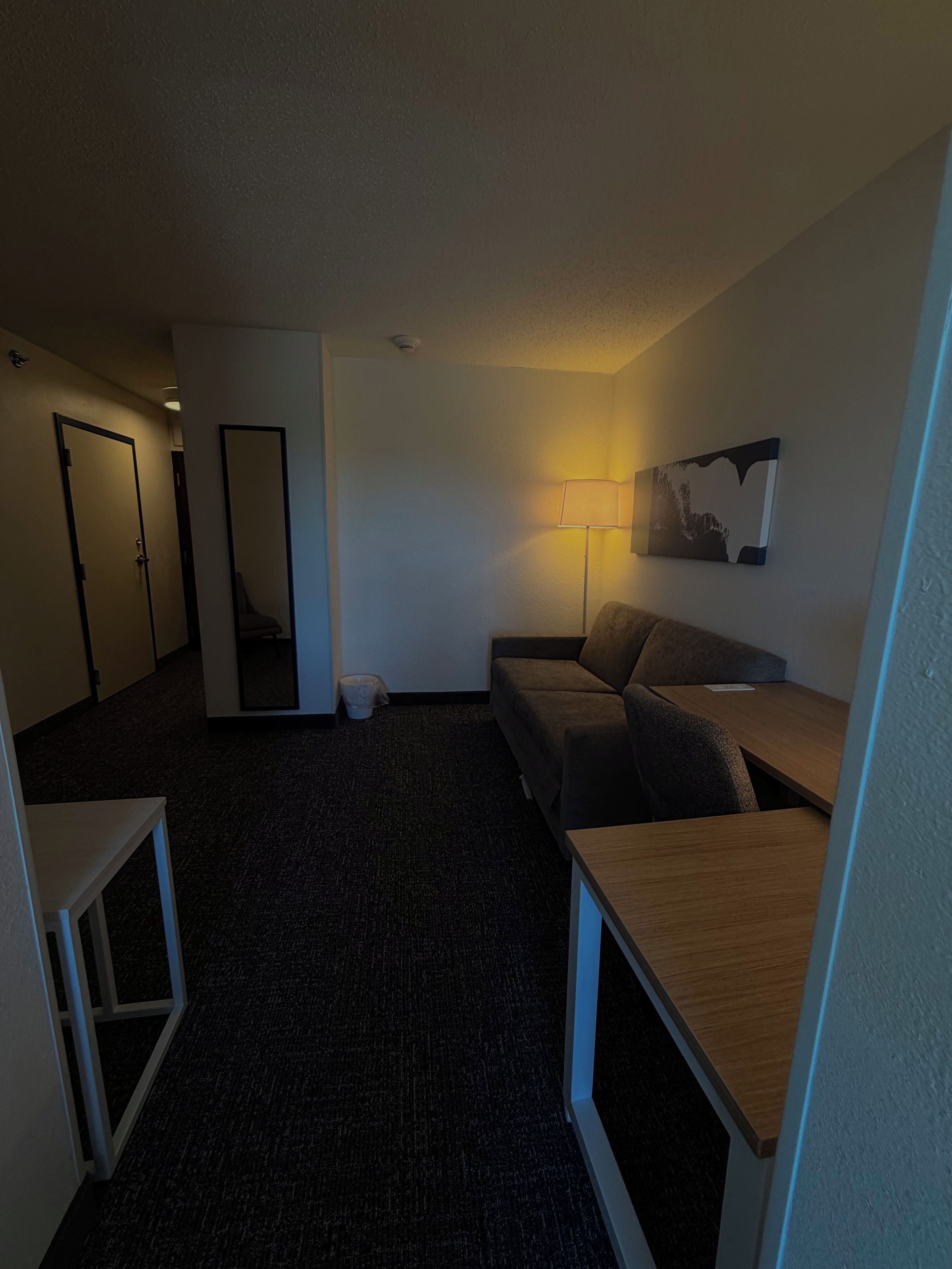 A compact hotel room with a dark carpet, a sofa, a small table, a mirror, and a wall-mounted lamp.