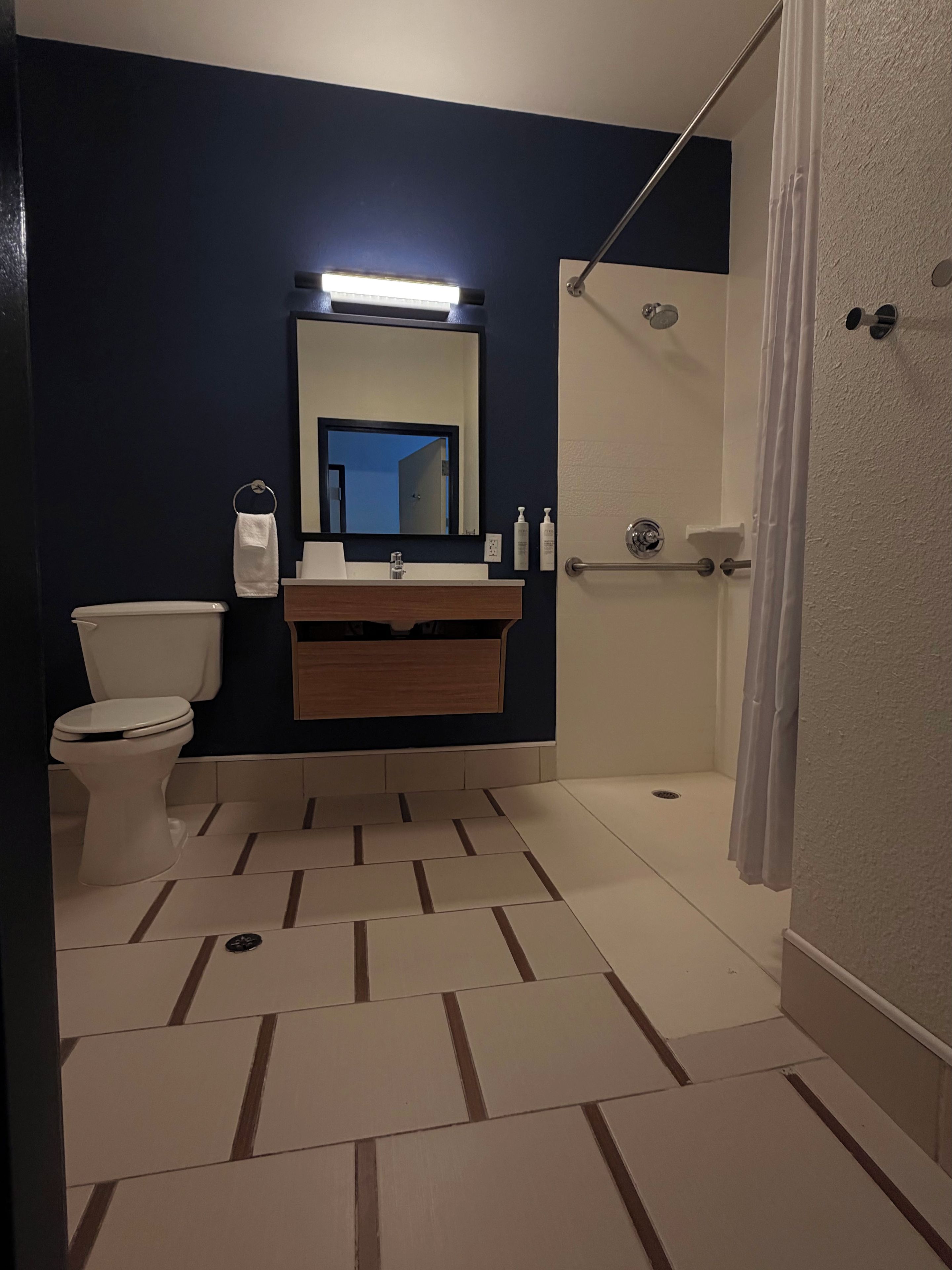 Un baño con inodoro, lavamanos, espejo y ducha.