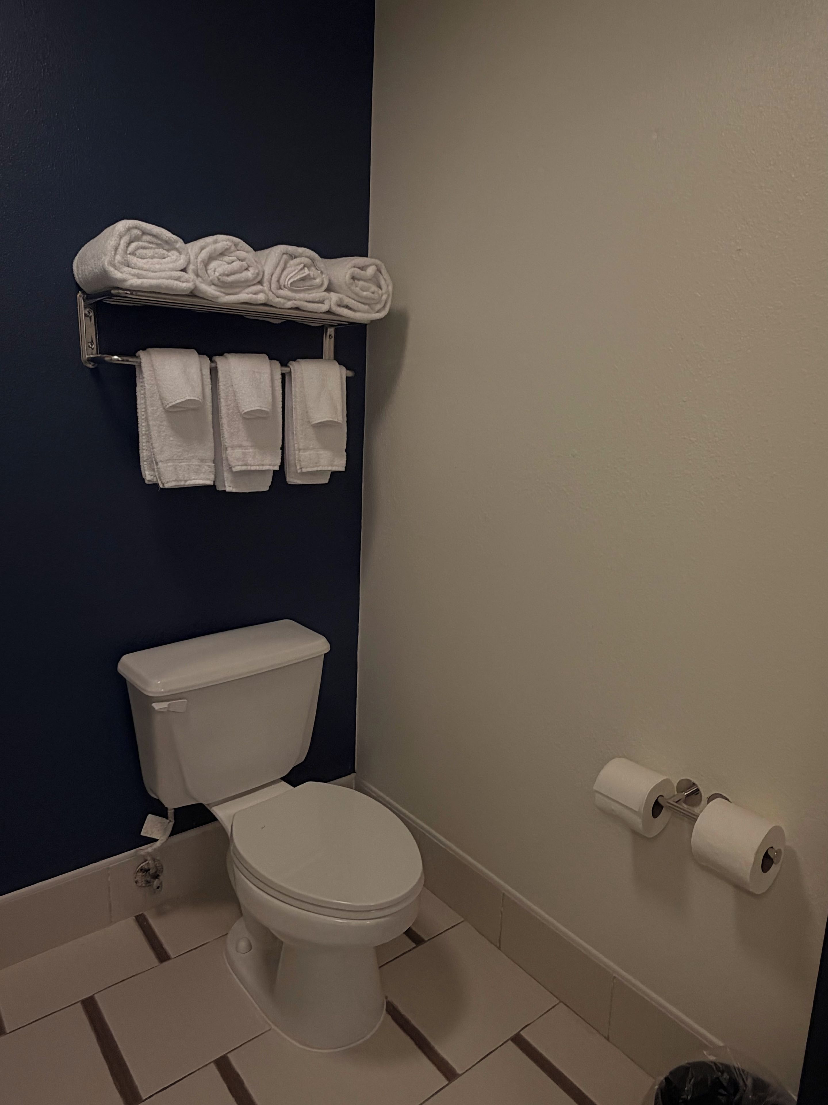 A bathroom with a toilet, a towel rack with folded towels, and a toilet paper holder.