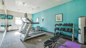 A gym with treadmills, dumbbells, and exercise equipment.
