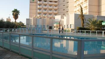 Enjoy a refreshing swim in our pool, surrounded by palm trees and a glass barrier.