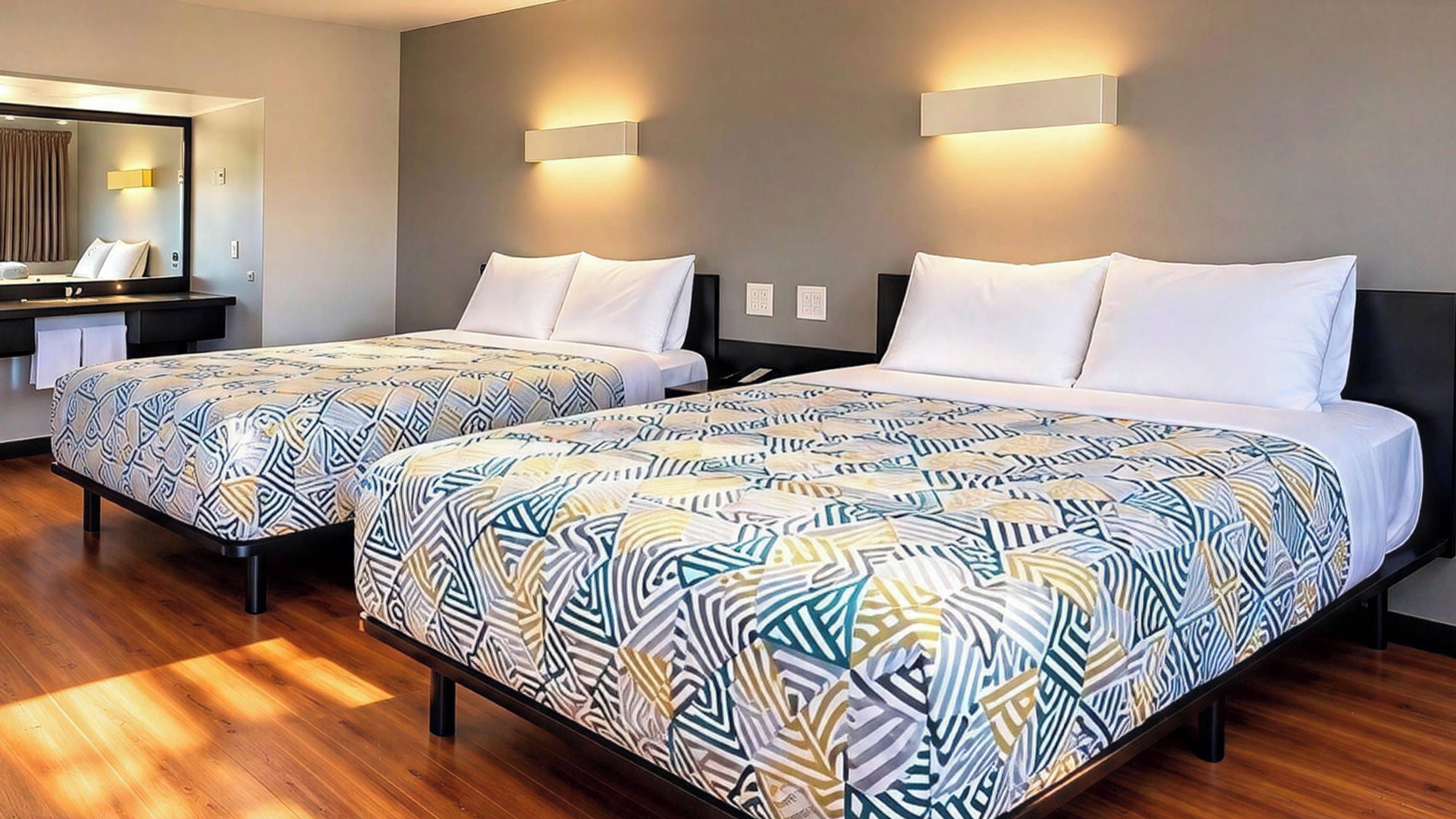 A hotel room with two beds, a desk, and a mirror.