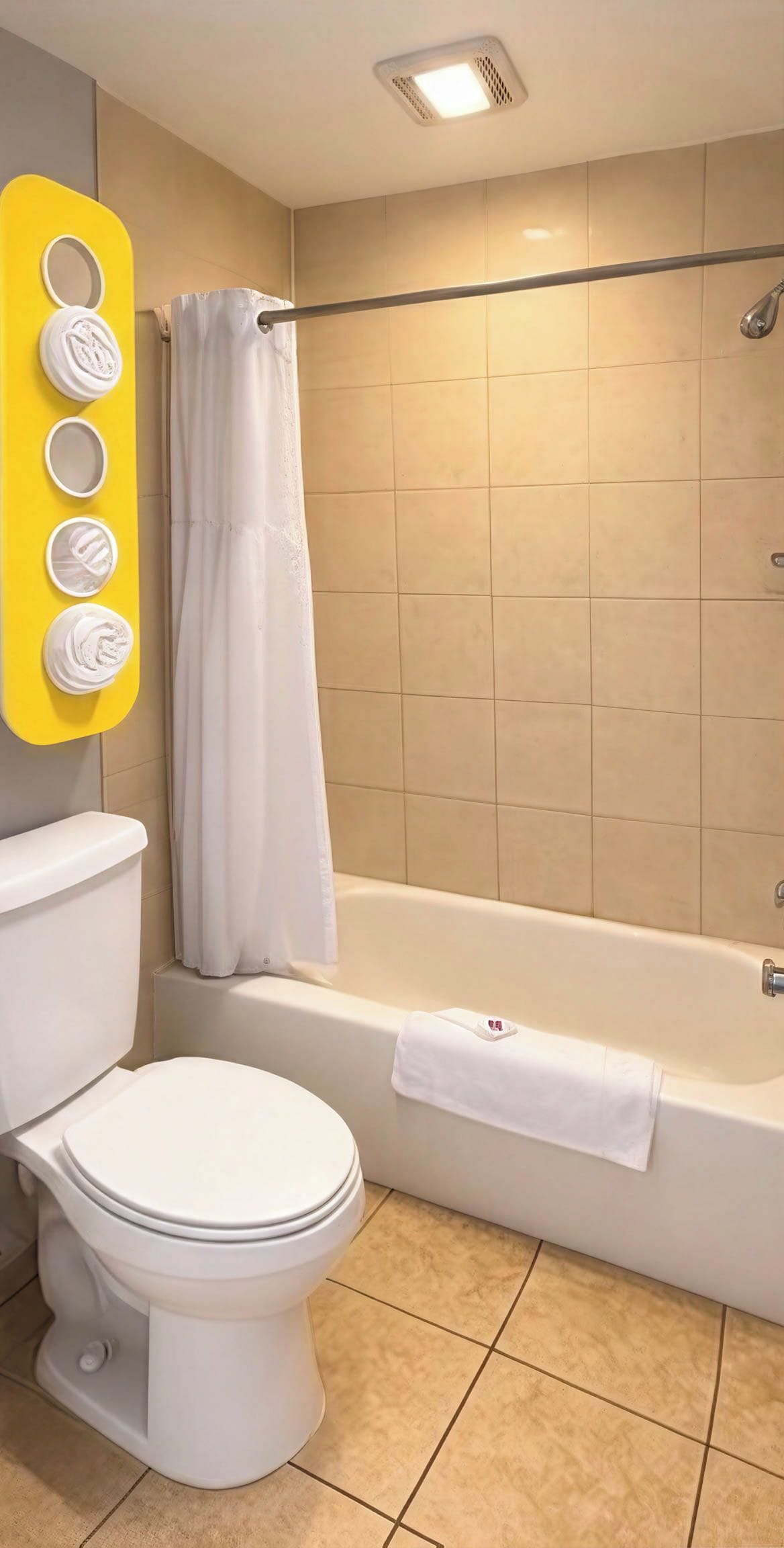 A bathroom with a toilet, a bathtub, and a shower curtain.